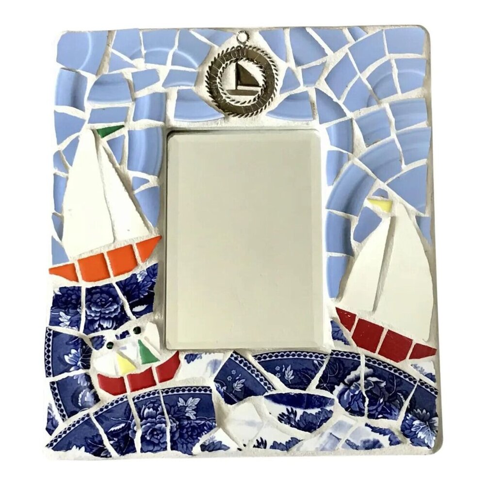 Hand made  small nautical mosaic wall mirror - artist signed